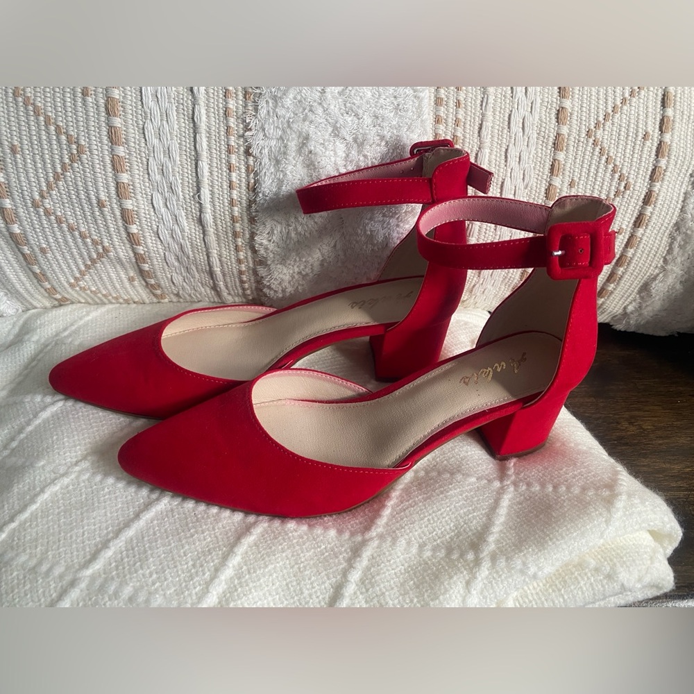 Red Women's Ankle Strap with Block Heel - Picture 2 of 5